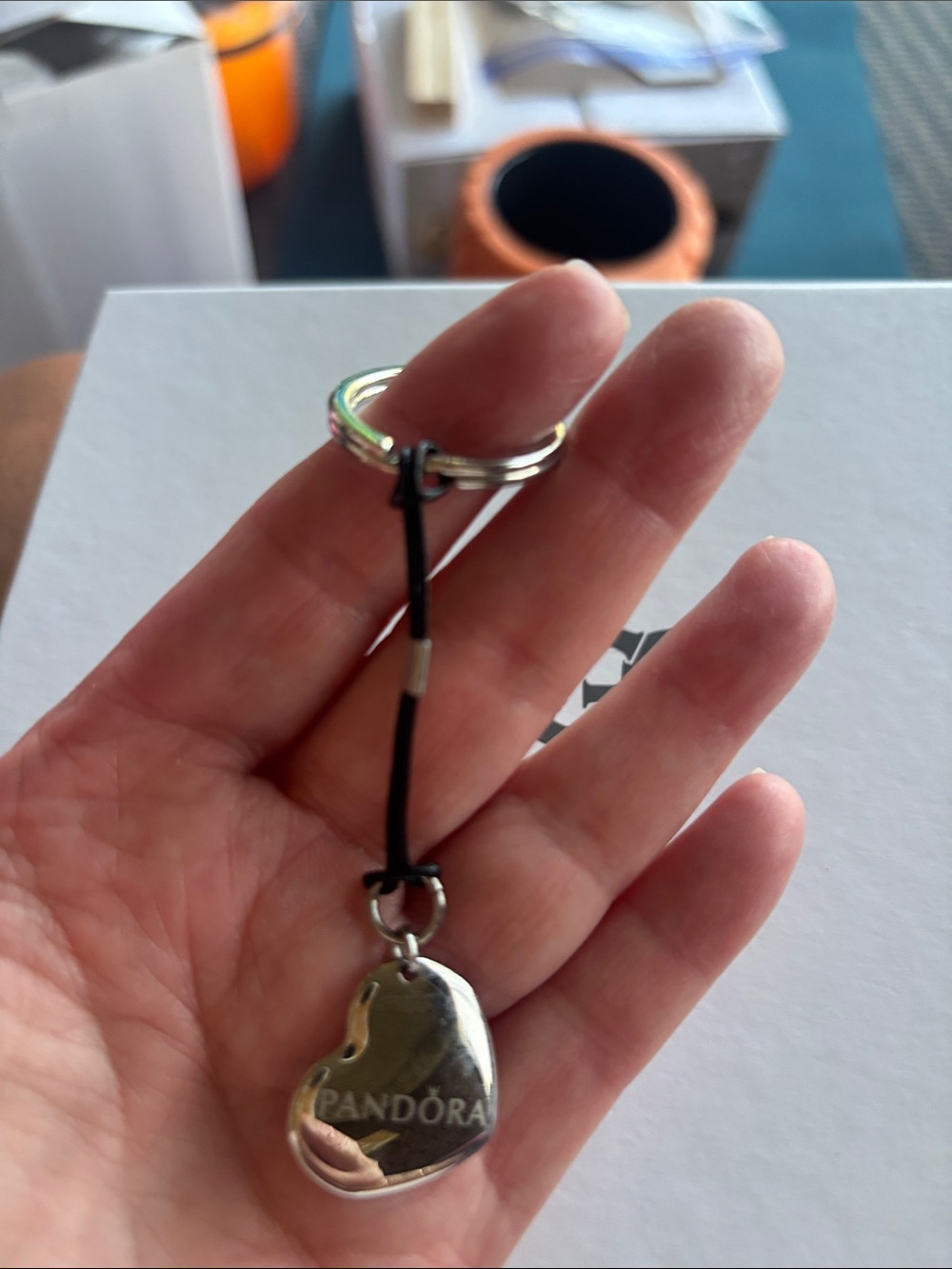 Pandora silver Heart Keychain Charm with Black Cord